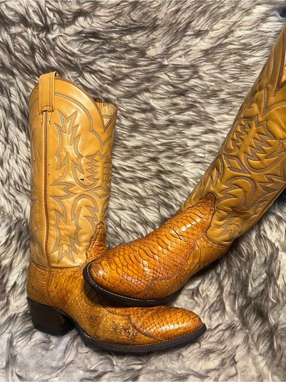 Men's Tan Western SNAKE & Leather Cowboy Boots with Textured Vamp size 8 B